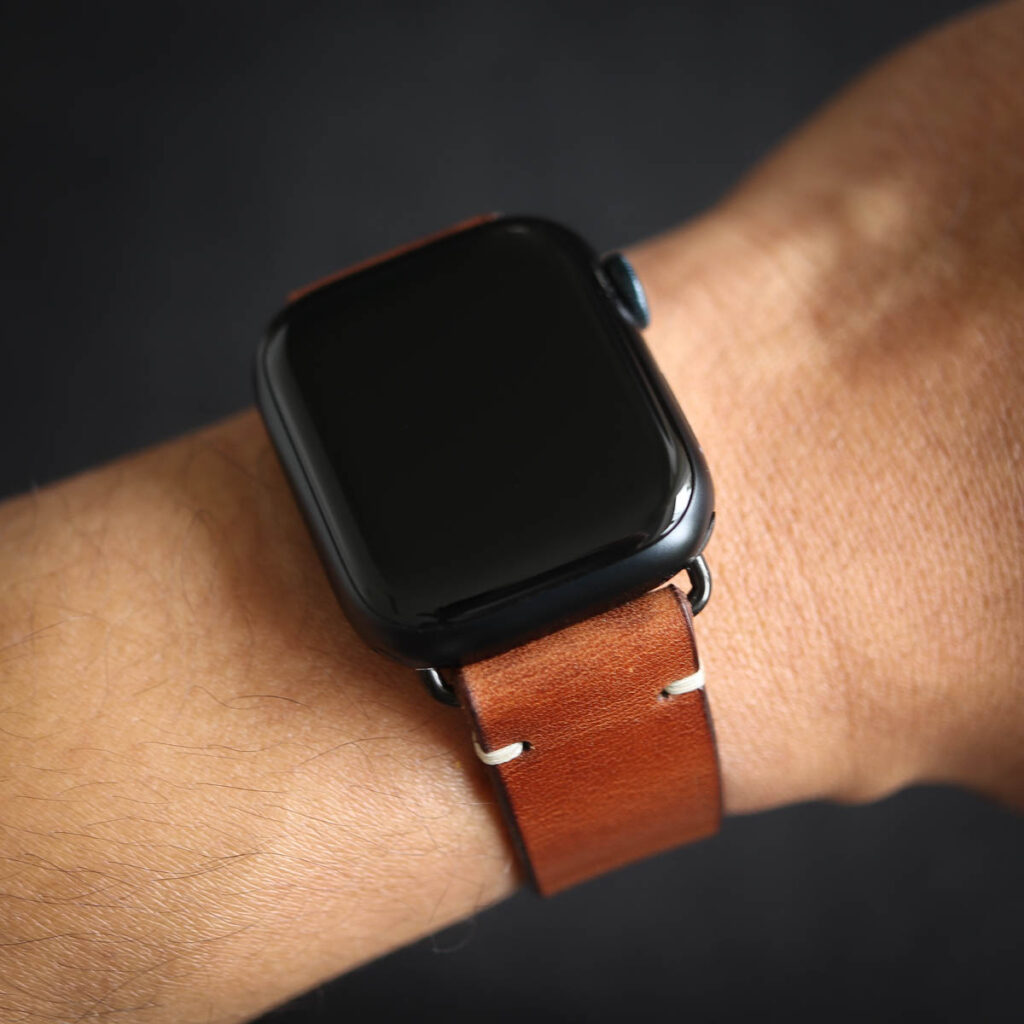 Leather Apple Watch Band Brown on hand