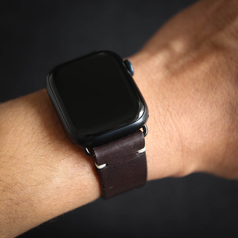 Leather Apple Watch Band Dark Brown on hand