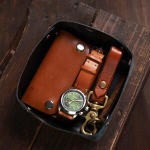 Leather Catchall Valet Tray Black with Watch