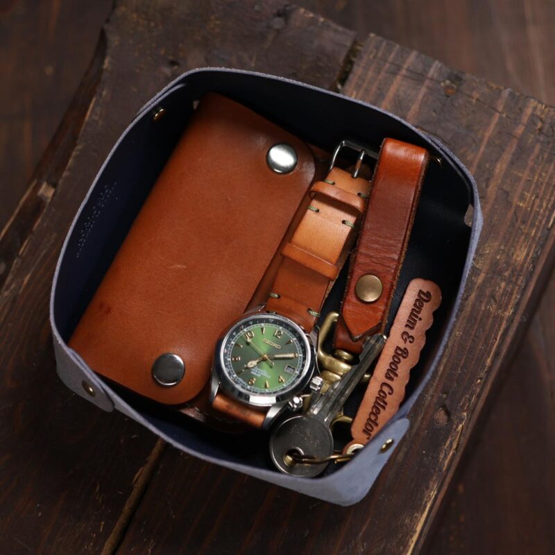 Leather Catchall Valet Tray Blue with Watch