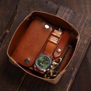 Leather Catchall Valet Tray Brown with Watch